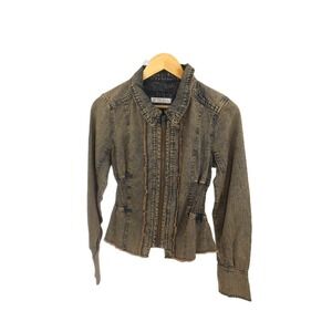 Free people Distressed Acid Wash Denim Jacket Women M Zipper Ruffle Waist